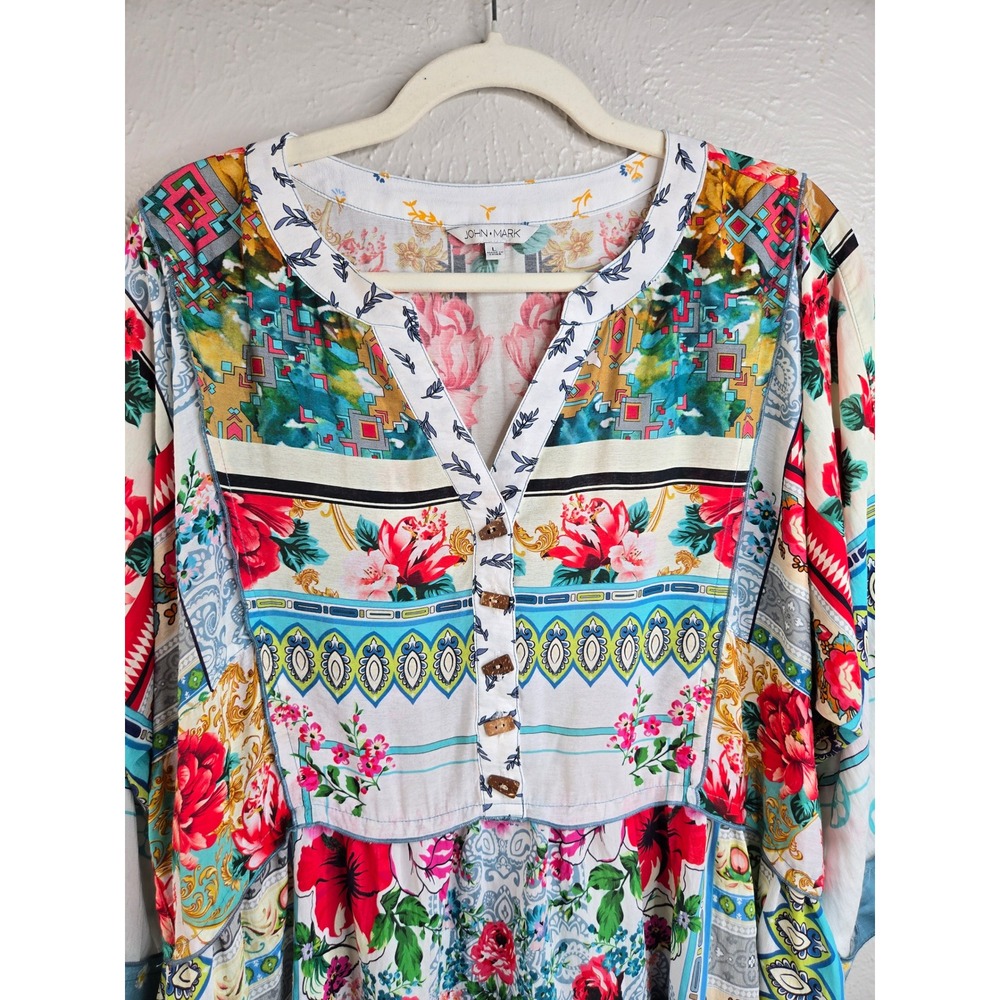 John Mark Floral Patchwork Blouse L Multi Color Relaxed Eclectic Boho Artsy Top - Picture 4 of 13